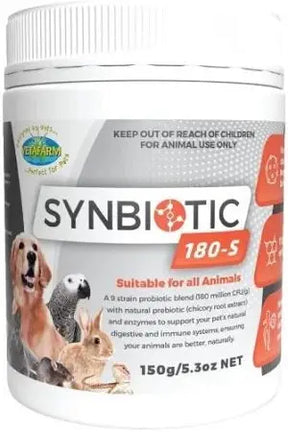 Vetafarm Synbiotic 180-S 150g: 9-Strain Probiotic, Prebiotic and Enzyme Blend for All Animals
