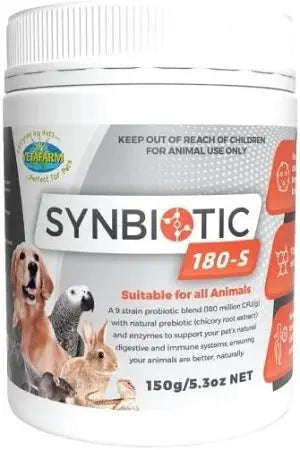 Vetafarm Synbiotic 180-S 150g: 9-Strain Probiotic, Prebiotic and Enzyme Blend for All Animals
