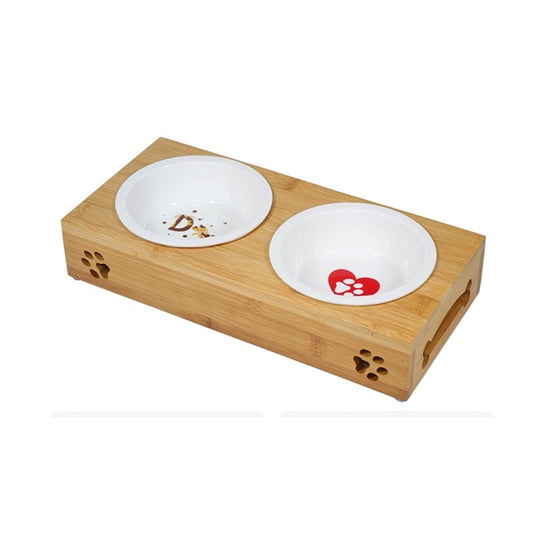 TWO CERAMIC DRINKER / FEEDER WITH WOOD TRAY FOR CAT / DOG